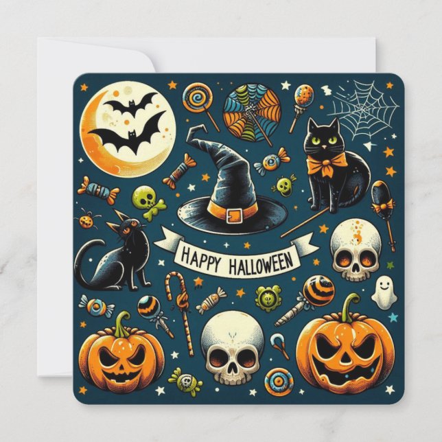 Cartão de Convite Feliz para Halloween Divertido e (Frente)