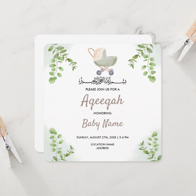 Cartão de Convite Instantâneo Aqeeqah Aqiqah Chic  (Frente/Verso In Situ)