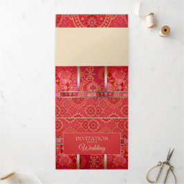 Cartão de Convite Padrão Dourado Vermelho ORIENTAL