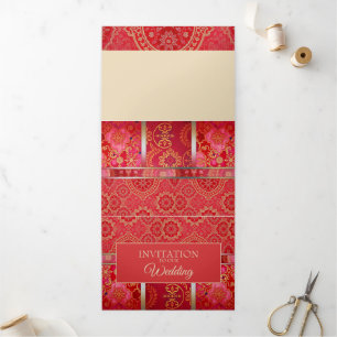 Cartão de Convite Padrão Dourado Vermelho ORIENTAL
