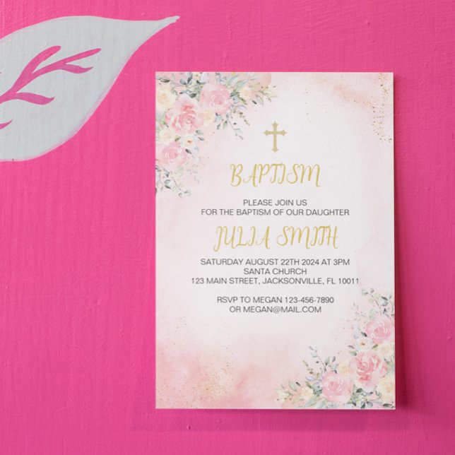 Cartão de Convite para Batismo Floral Dourado Eleg (pink gold floral baptism card)