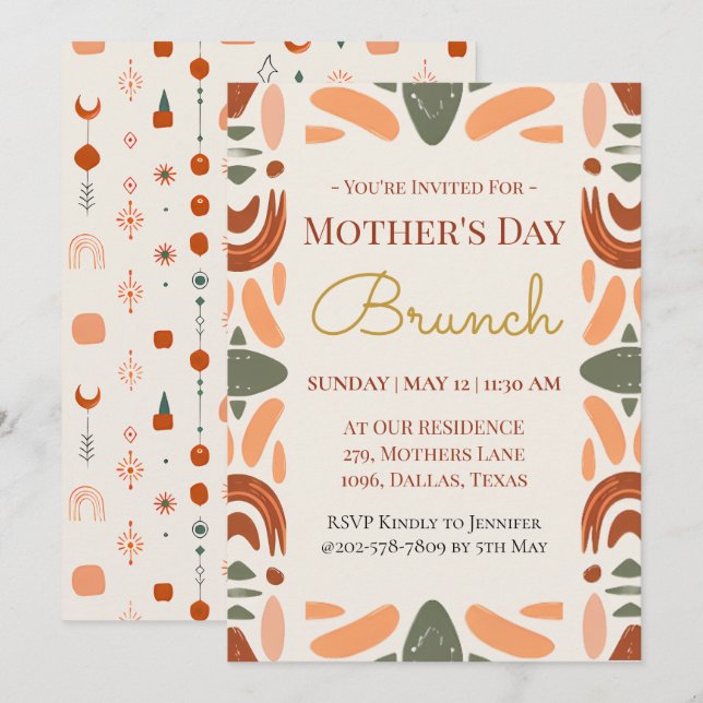 Cartão de Convite para Brunch do Dia das Mães Boho (Frente/Verso)