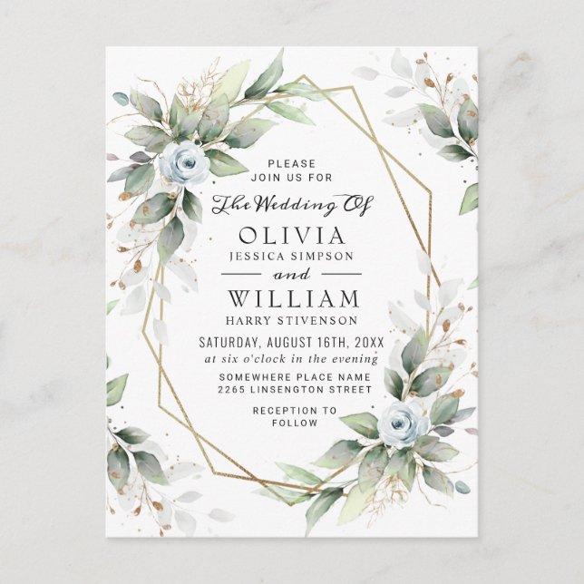 Cartão de Convite para Casamento Azul-Dusty Floral (Frente)