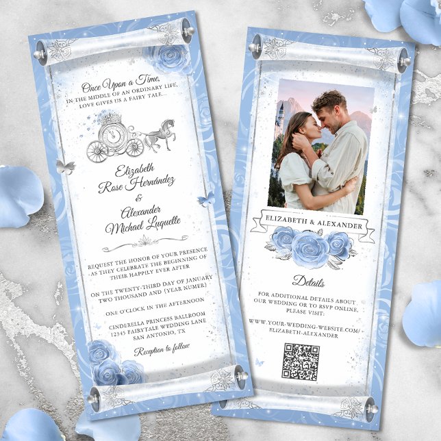 Cartão de Convite para Casamento de Cinderela Eleg (Bring your fairy tale to life with light blue and silver Cinderella wedding scroll invitation cards.)