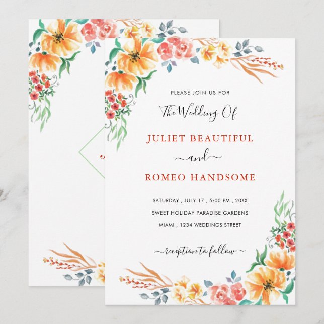 Cartão de Convite para Casamento de Flores de Água (Frente/Verso)