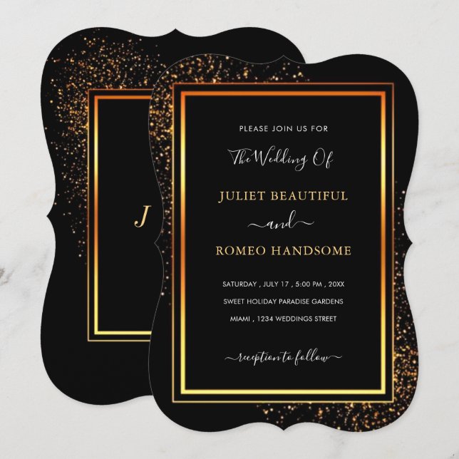 Cartão de Convite para Casamento de Frame Dourado  (Frente/Verso)