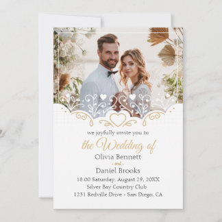 Cartão de convite para casamento de ouro com foto