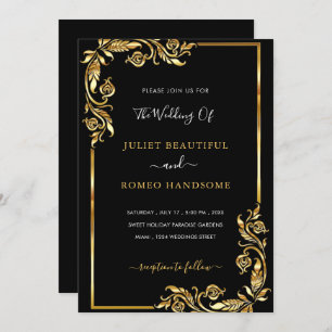 Cartão de Convite para Casamento Dourado Preto, co