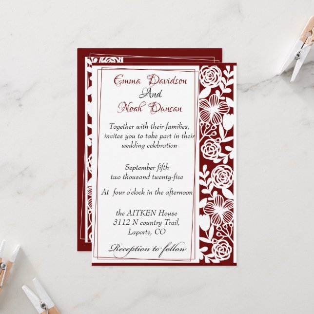 Cartão de Convite para Casamento Elegante Maroon d (Frente/Verso In Situ)
