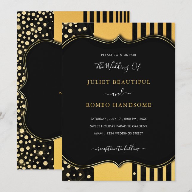 Cartão de Convite para Casamento Preto de Quadro D (Frente/Verso)