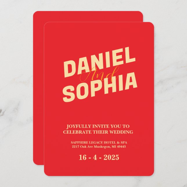 Cartão de convite para casamento retroativo vermel (Frente/Verso)