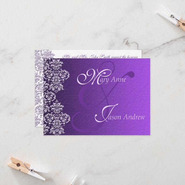 Cartão de Convite para Casamento Roxo Real Damask (Frente/Verso In Situ)
