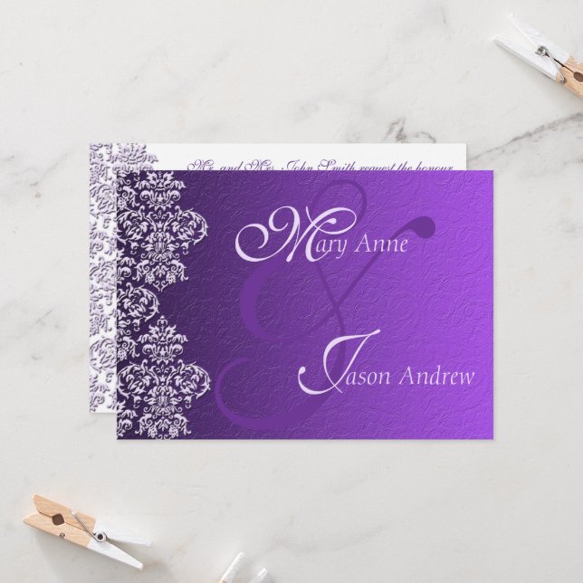 Cartão de Convite para Casamento Roxo Real Damask (Frente/Verso In Situ)