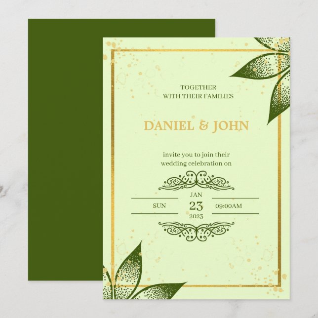 Cartão de convite para casamentos: Verde e Dourado (Frente/Verso)