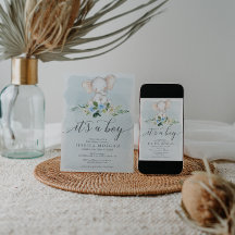 Cartão de Convite para Chá de fraldas Blue Elephan