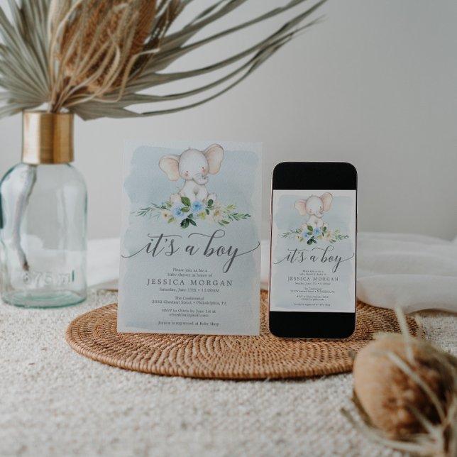 Cartão de Convite para Chá de fraldas Blue Elephan (Criador carregado)