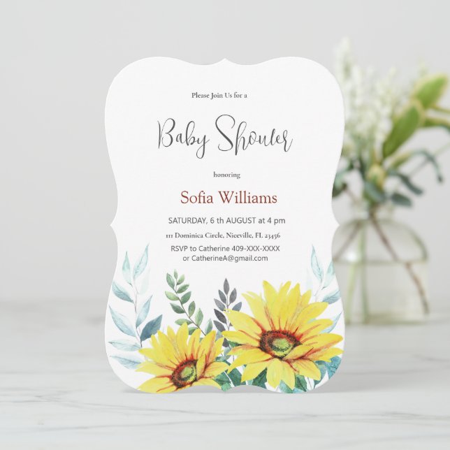 Cartão de convite para chá de fraldas com girassói (Em pé/Frente)