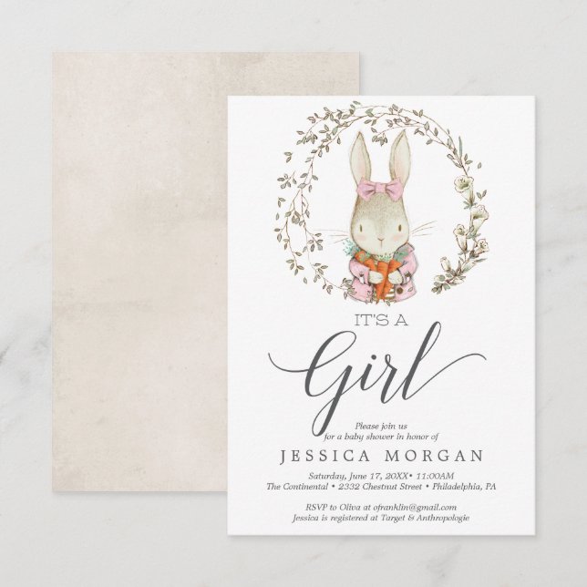 Cartão de Convite para Chá de fraldas de Coelho Vi (Frente/Verso)