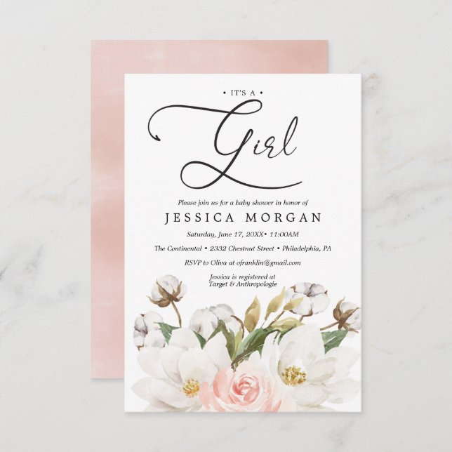 Cartão de Convite para Chá de fraldas Magnolia Cot (Frente/Verso)