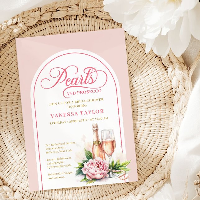 Cartão de Convite para Chá de Noiva Pérolas e Pros (Modern Blush Gold Pearls and Prosecco Shower Card)
