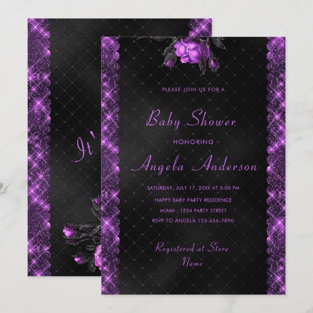 Cartão de Convite para Chá Roxo Glitter Baby Boy (Frente/Verso)