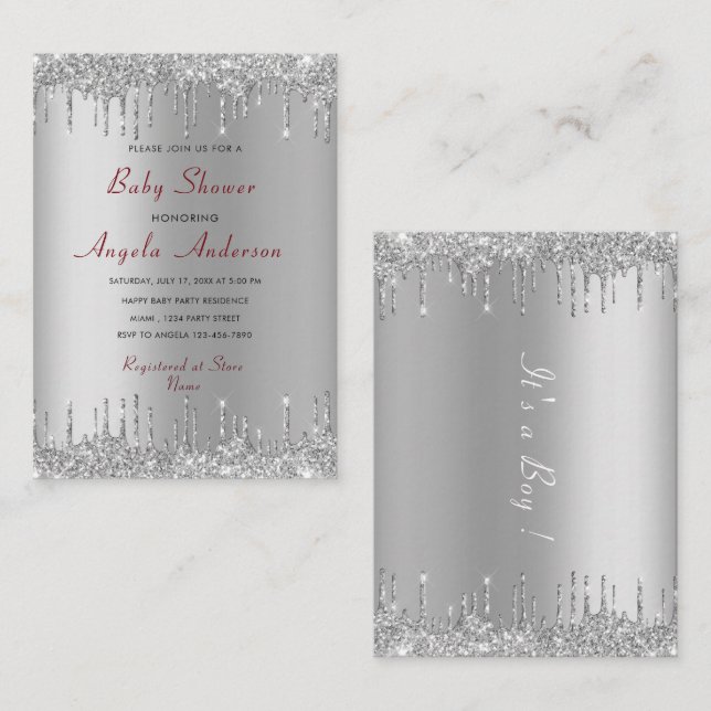 Cartão de Convite para Chá Silver Glitter Baby Boy (Frente/Verso)