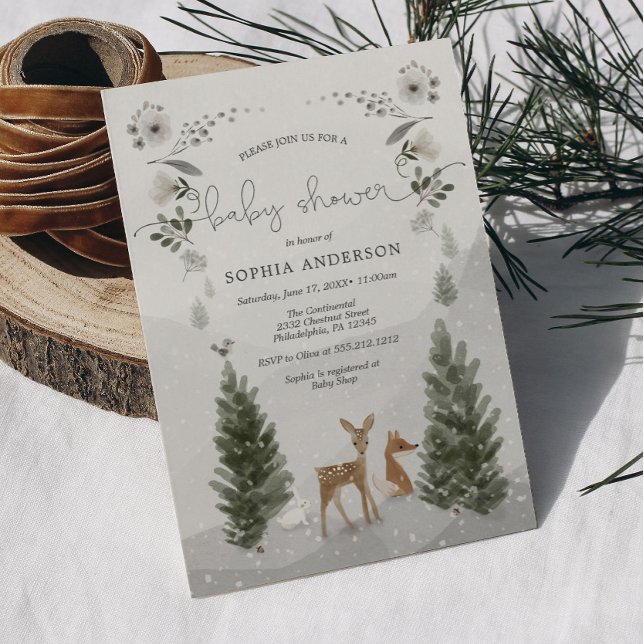 Cartão de Convite para Chás de fraldas da Woodland (Winter Boho Woodland Baby Shower Invitation)