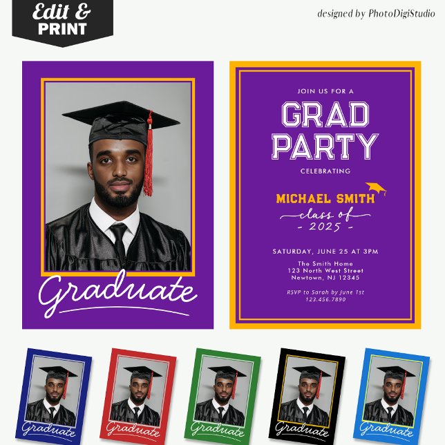 Cartão de Convite para Graduação Personalizado | D (Custom Graduation Invitation Card | Purple and Gold Classic Design for Graduation Party and Ceremony)