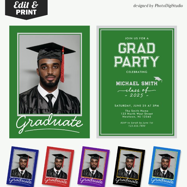 Cartão de Convite para Graduação Personalizado | D (Custom Graduation Invitation Card | Green and White Classic Design for Graduation Party and Ceremony)