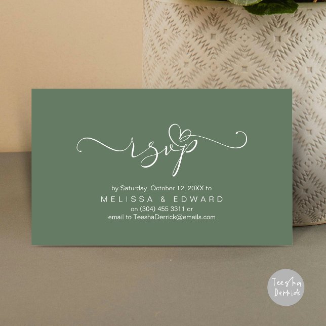 Cartão de Convite para Jantar de Confirmação de Ca (Romantic Wedding RSVP Dinner Invitation Card, Modern Online Phone Email Website Reminder Sage Green)