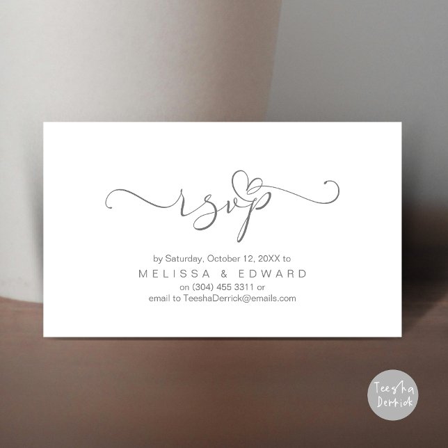 Cartão de Convite para Janto RSVP de Casamento Rom (Romantic Wedding RSVP Dinner Invitation Card, Modern Online Phone Email Website Reminder Dark Grey)
