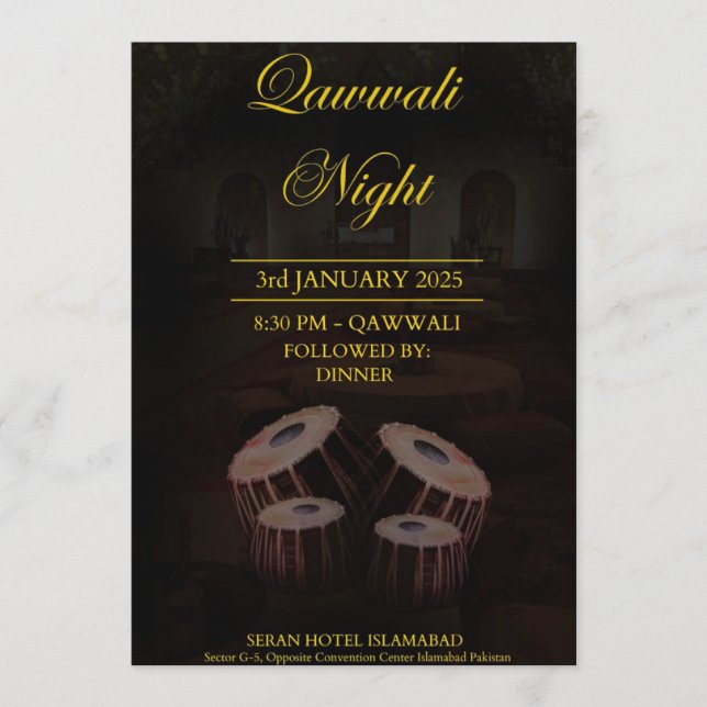 Cartão de Convite para Noite de Qawwali Elegante (Frente)