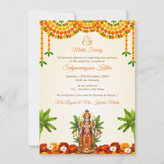 Cartão de Convite para Puja do Sri Satyanarayan Bh (Frente)