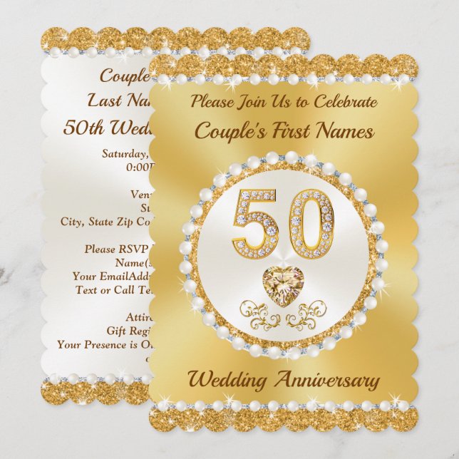 Cartão de Convite Personalizado Dourado, 50º Anive (Frente/Verso)