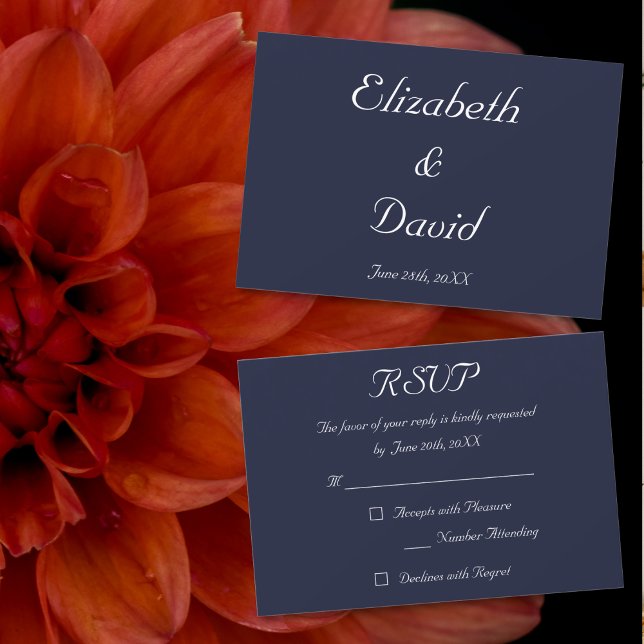 Cartão de Convite RSVP de Casamento Azul de Marinh (Elegant Navy Blue Wedding RSVP Invitation Card)