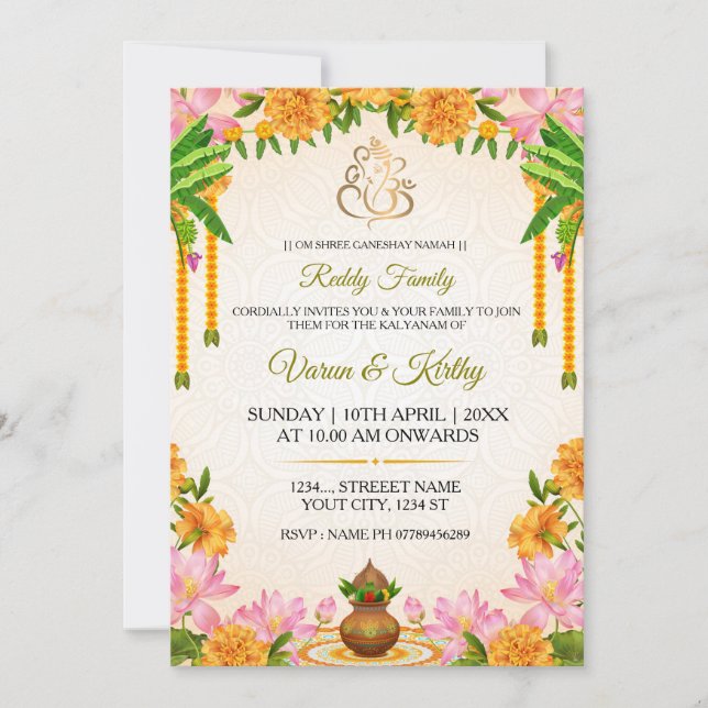 Cartão de Convite Tradicional Kalyanam com Marigol (Frente)