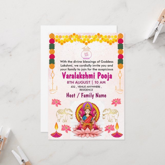 Cartão de Convite Varalakshmi Vratham | Pooja (Frente/Verso In Situ)