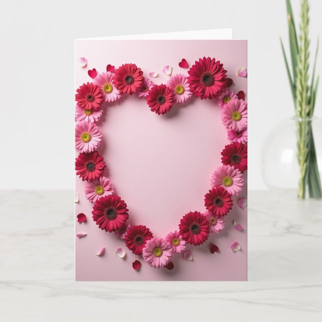 Cartão de Coração com Flores Vermelhas Rosadas (Frente)