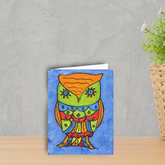 Cartão de Coruja Abstrata (Bright Colourful fantasy owl neon colours star eyes on blue notecard.)