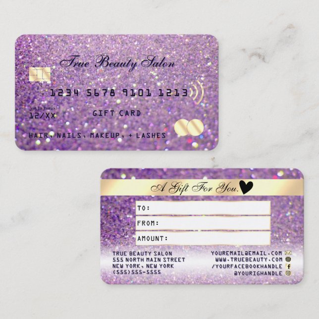 Cartão de Crédito de Litter Dourado Roxo Sparkly L (Frente/Verso)