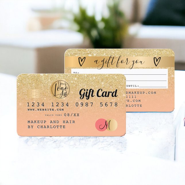 Cartão de crédito - prenda de pêssego ombre glitte (Credit card chic gold glitter ombre peach gift)