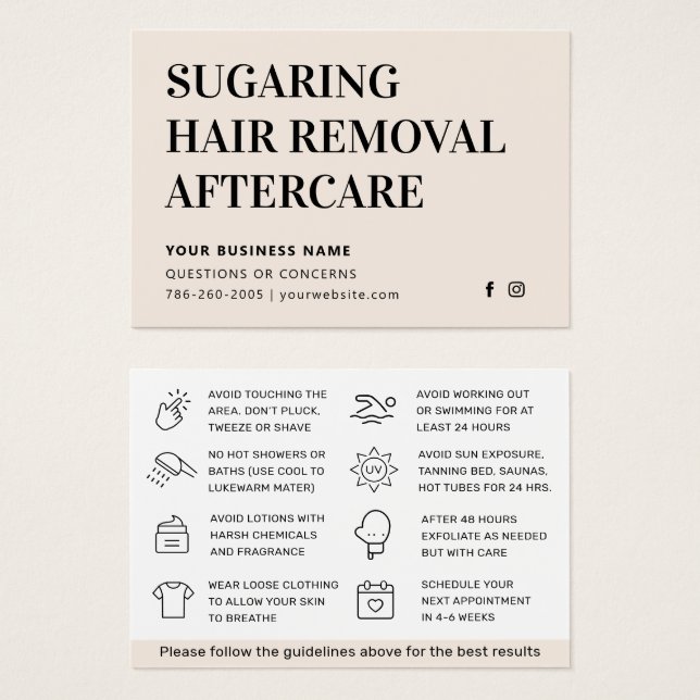 Cartão de cuidados pós-remoção de cabelo com Sugar (Frente & Verso)