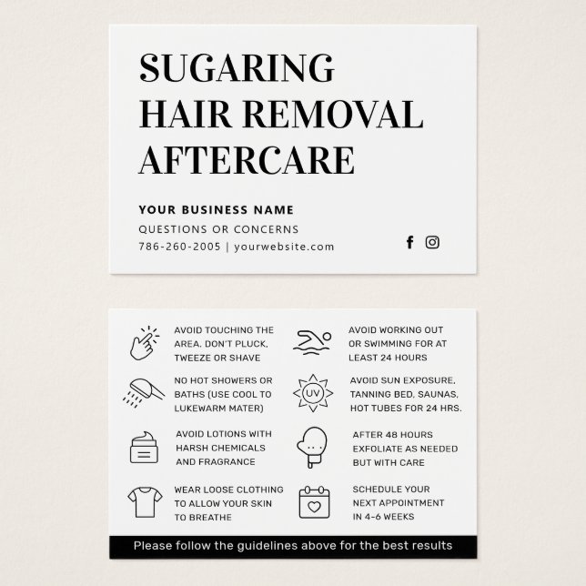 Cartão de cuidados pós-remoção de cabelo com Sugar (Frente & Verso)