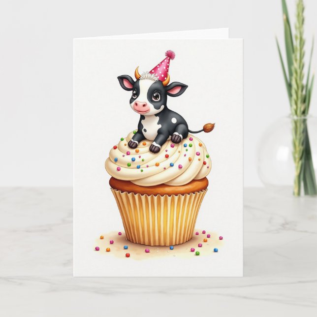 Cartão de Cupcake de Aniversário da Vaca Fofa (Frente)