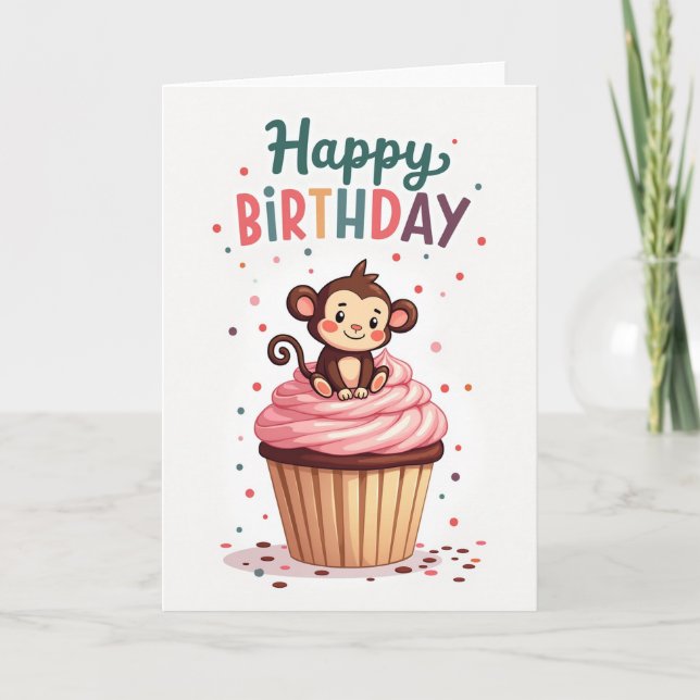 Cartão de Cupcake de Aniversário do Macaco Fofo (Frente)