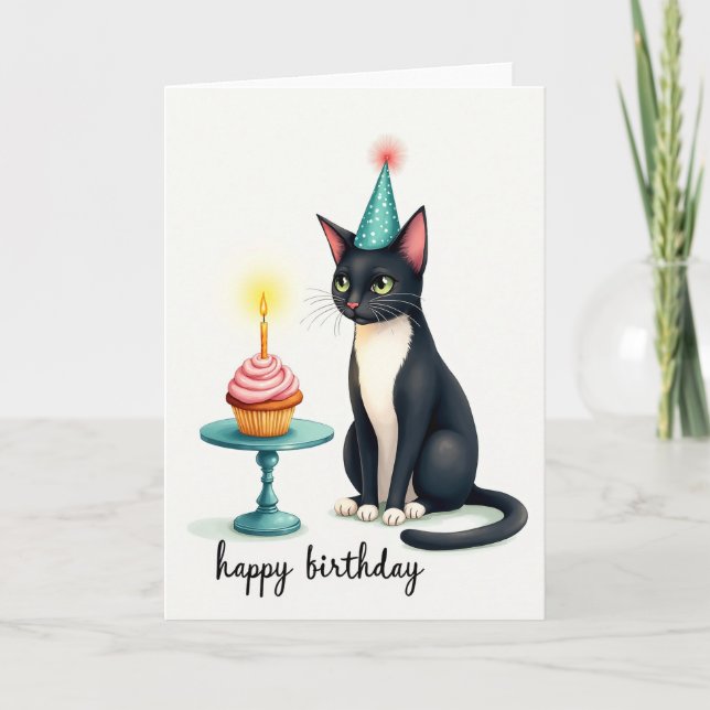 Cartão de Cupcake de Aniversário Felino (Frente)