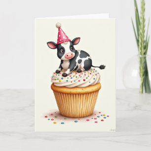 Cartão de Cupcake de Vaca de Aniversário Festivo