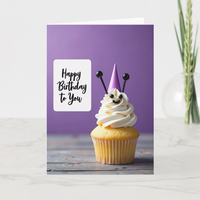 Cartão de Cupcake Roxo Festivo (Frente)