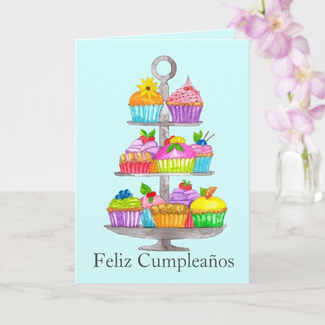 Cartão de cupcakes de Aquarela Espanhol (Orquídea)