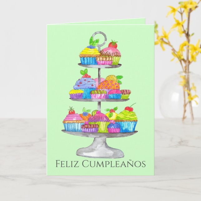 Cartão de cupcakes de Aquarela Espanhol (Flor Amarela)